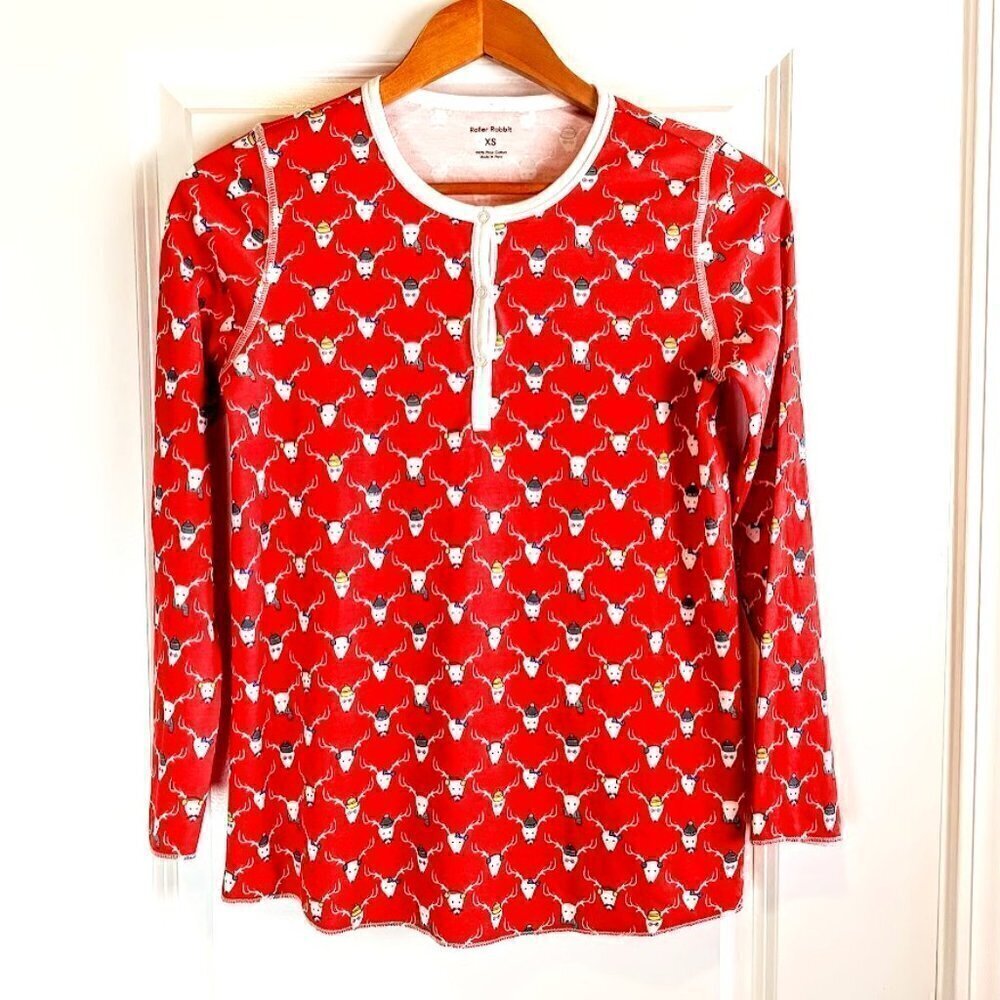 Roller Rabbit X J Crew Red Mustache Reindeer Cotton Pajama Top XS